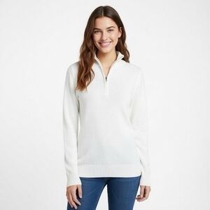 Womens White Long Sleeve Acrylic Knit Quarter Zip Front Sweater Size S NWOT